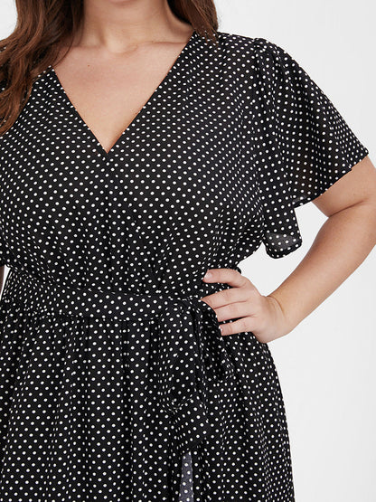 Polka Dot Flutter Trim Belted Wrap Dress