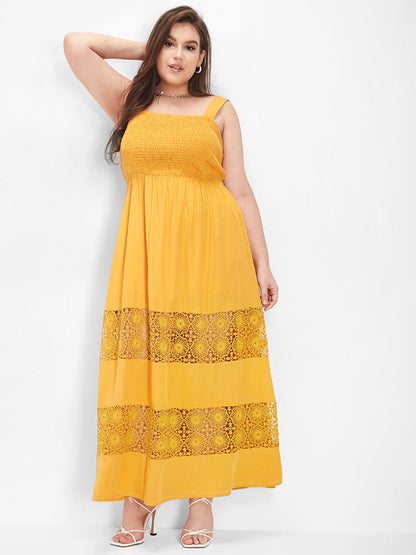 Plain Ruffle Shirred Eyelet Lace Maxi Dress