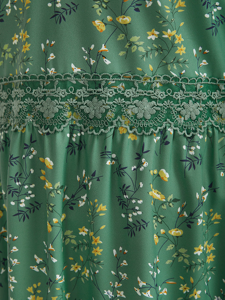 Floral  Ruffled  Eyelet Lace V Neck Midi Dress