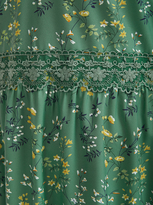 Floral  Ruffled  Eyelet Lace V Neck Midi Dress