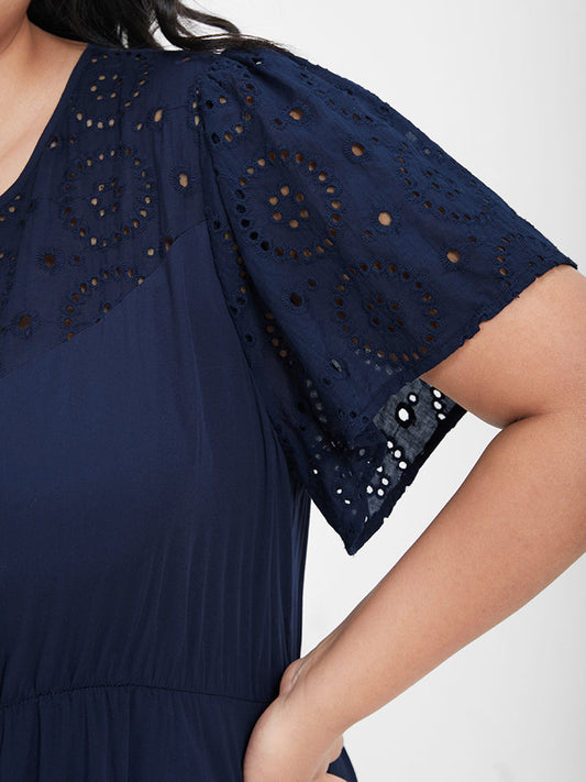 Solid Broderie Anglaise Keyhole Ruffled Round Neck  Blouse