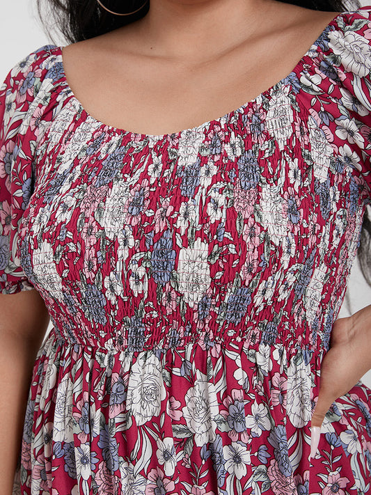 Floral Puff Sleeve Shirred Short Dress