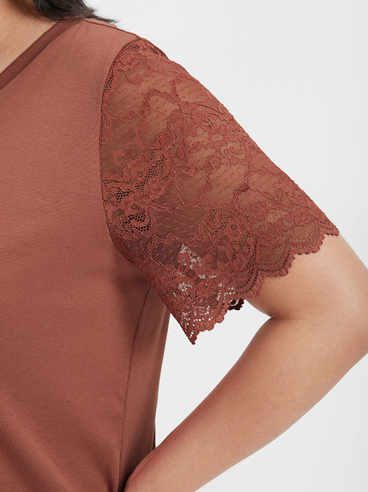 Plain Eyelet Lace V Neck T-shirt