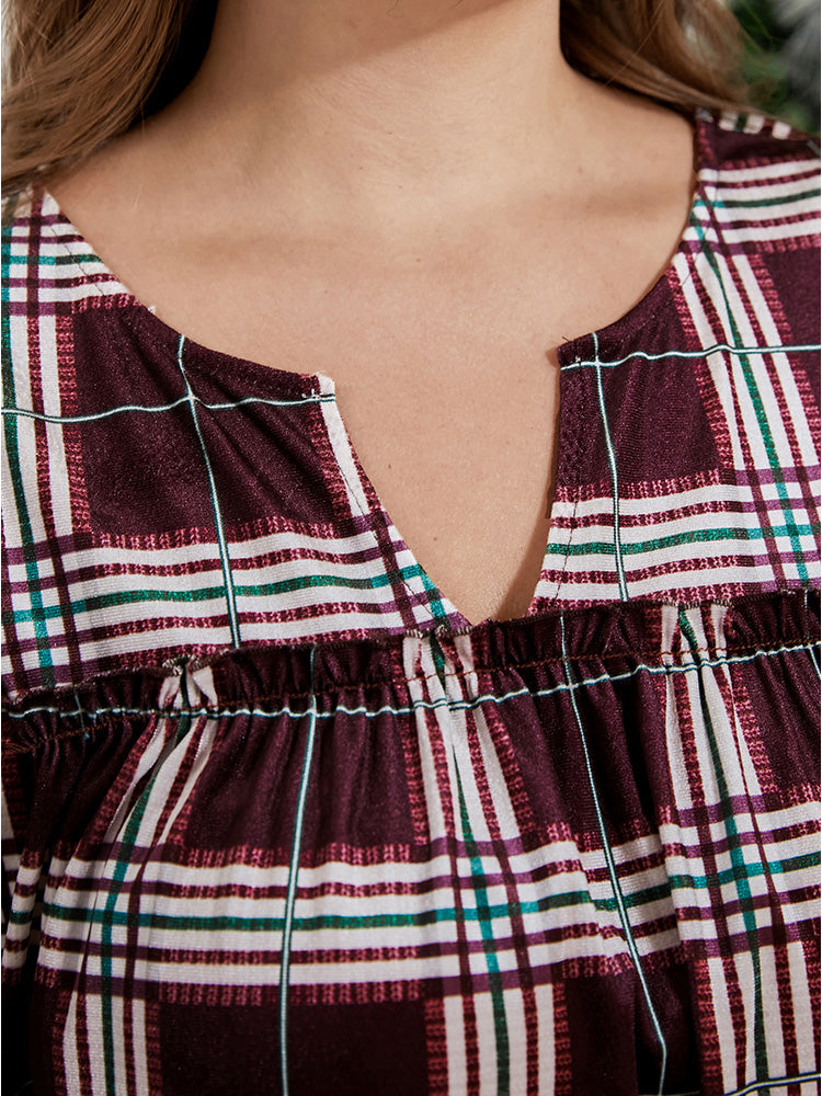 Plaid Lantern Sleeve Notched T-shirt