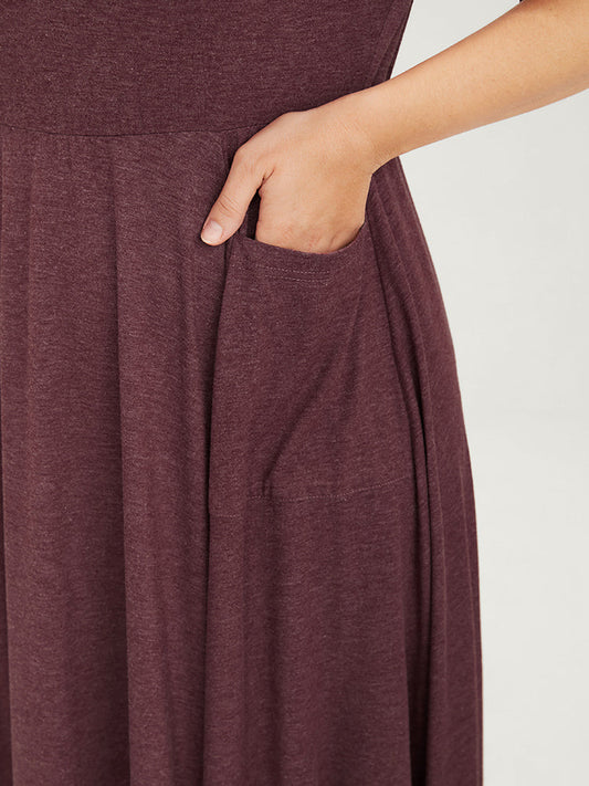 Solid V Neck Pocket Asymmetrical Hem Ruffle Maxi Dress