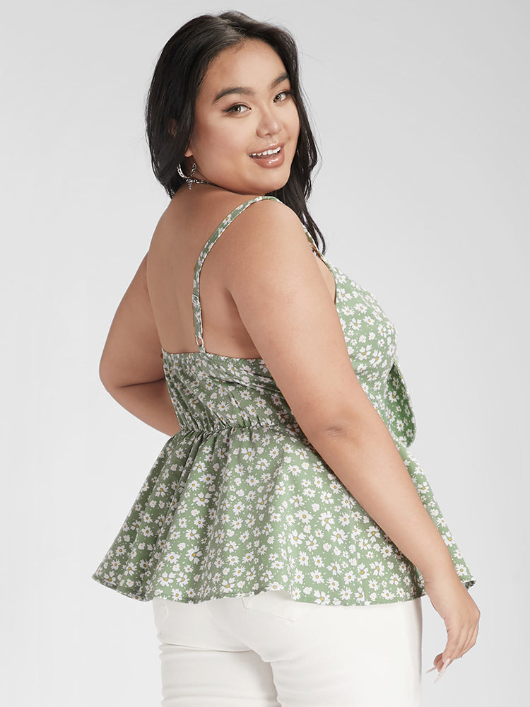 Daisy Print Tie Front Ruffle Tank Top