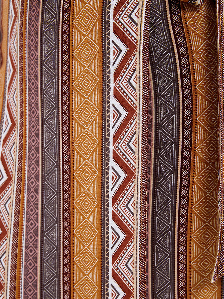 Geo Print Wrap Knot Fringe Hem Skirt