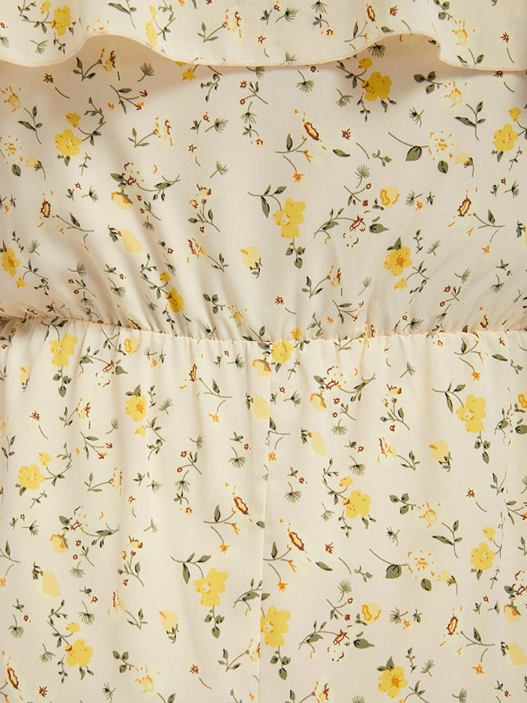 Bloom Dress - Floral Print Ruffles Cold Shoulder Midi Dress