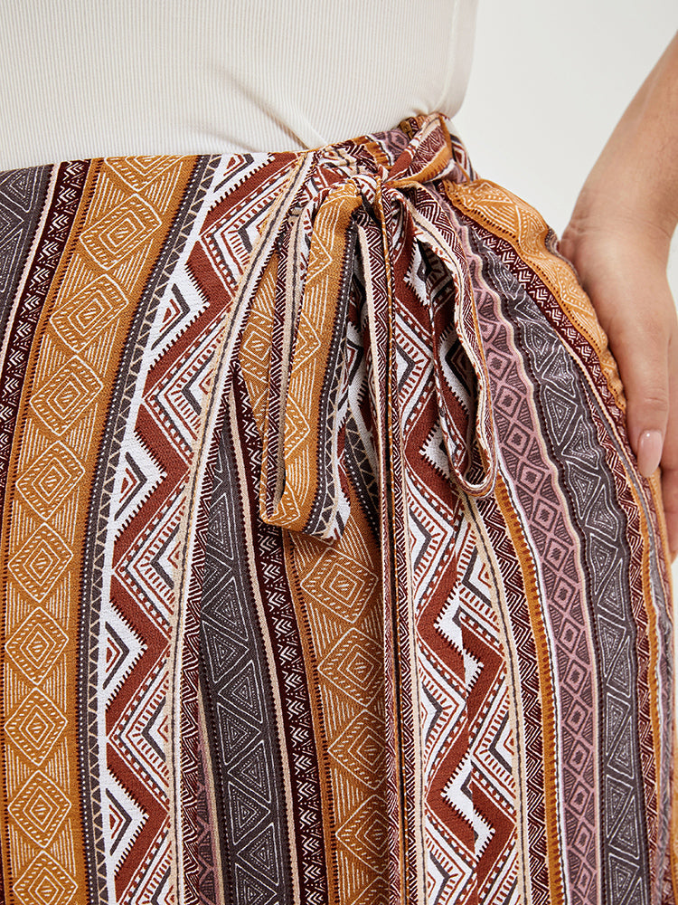 Geo Print Wrap Knot Fringe Hem Skirt