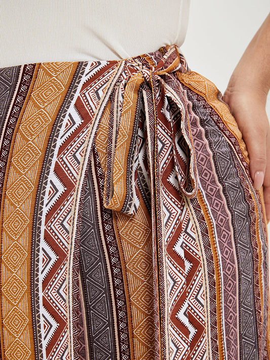 Geo Print Wrap Knot Fringe Hem Skirt