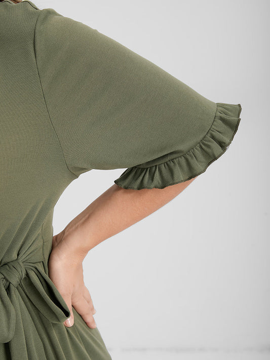 Plain Ruffle Trim Belted Blouse