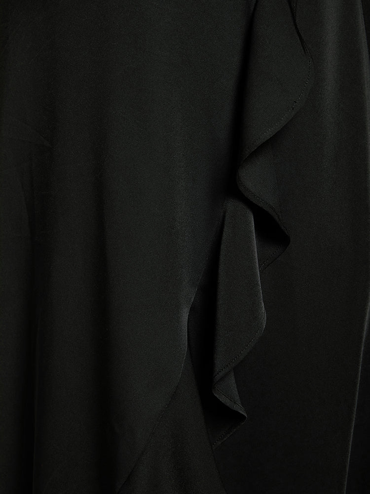 Black V Neck Ruffle Midi Dress