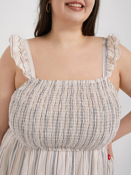 Ruffle Strap Shirred Stripe Pocket Cami Dress