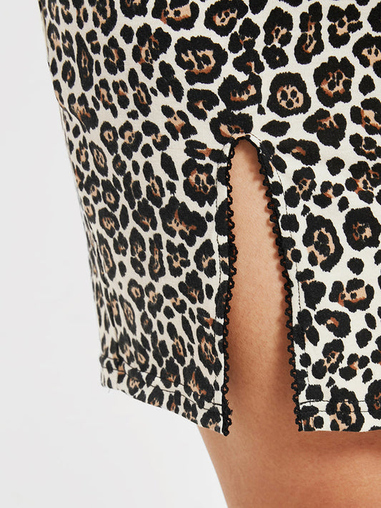 Leopard V Neck Lace Split Bodycon Lounge Dress