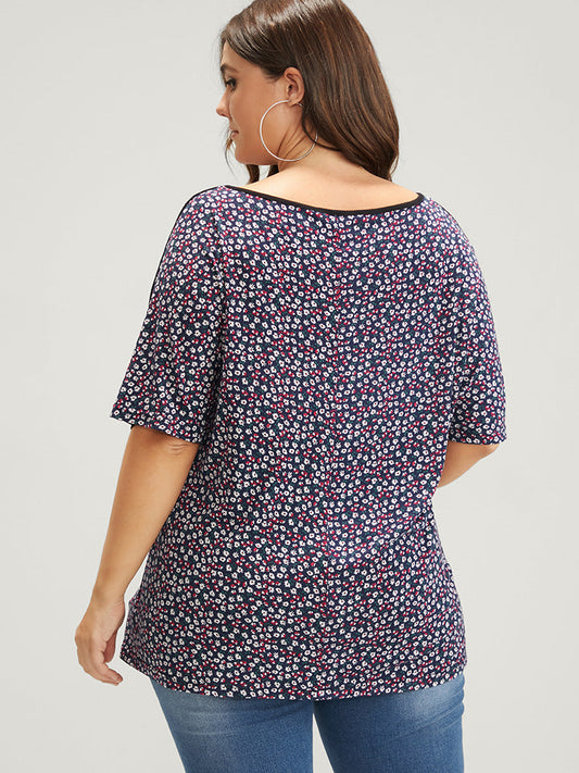 Floral Contrast Lace Ties Neck T-shirt