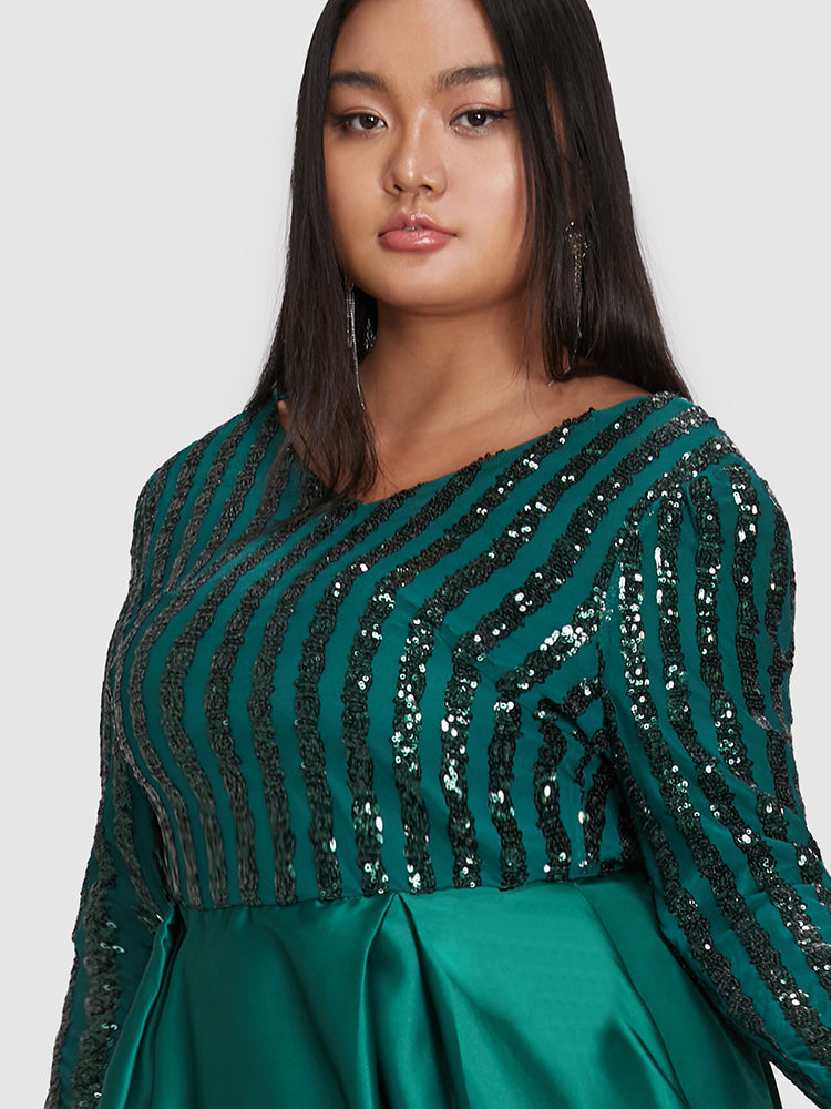 Sequin Patchwork A Line Green Dress