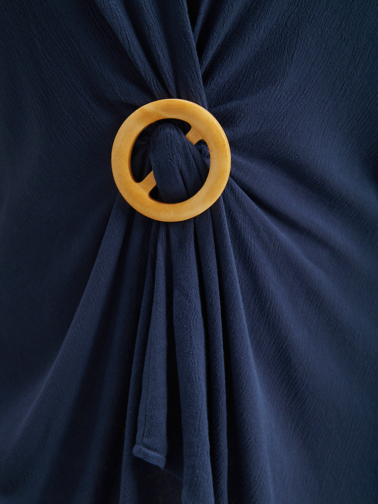 Solid Buckle Dolman Sleeve Twist Front Blouse