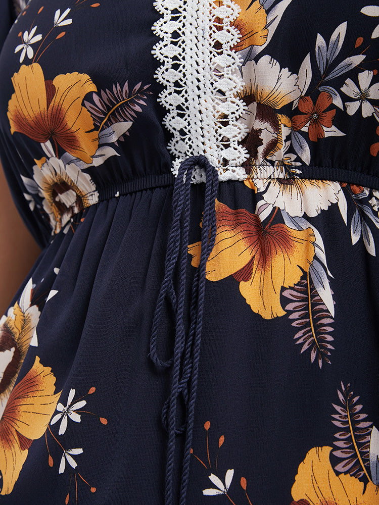 Bandana Ruffles Ties Contrast Lace Split Midi Dress