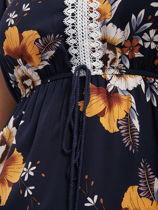 Bandana Ruffles Ties Contrast Lace Split Midi Dress