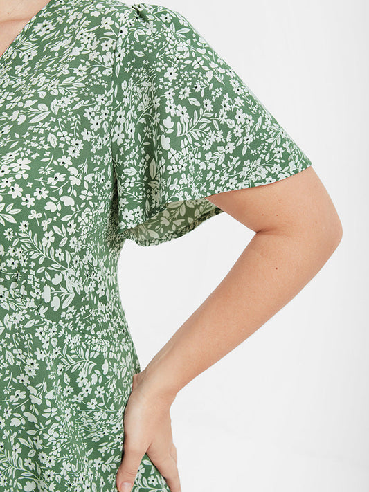 Floral Split Pocket Button Knotted Ruffles Midi Dress