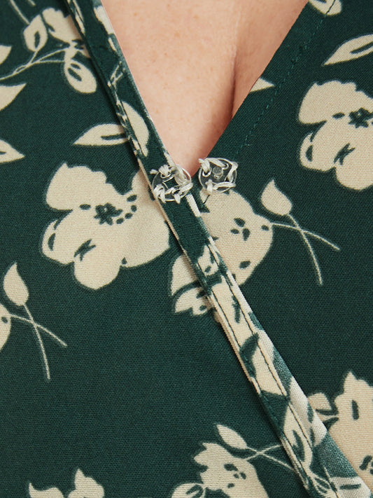 Floral Belted Button Ruffled Wrap Knee Dress