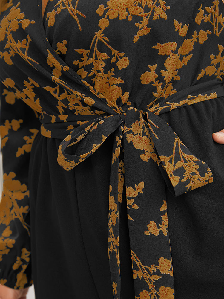 Floral Print Pocket Belted Wrap Jumpsuit