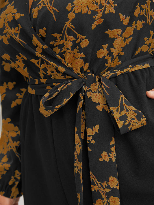 Floral Print Pocket Belted Wrap Jumpsuit