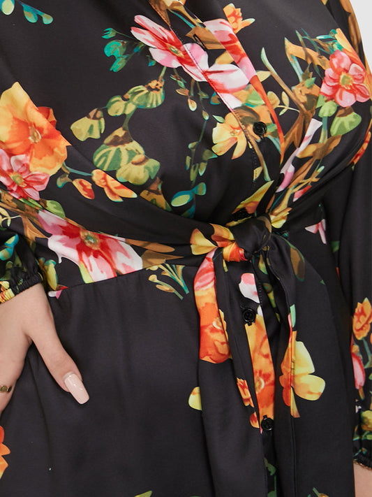 Floral Button Wrap Knotted Shirt Dress