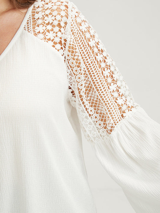 Solid Button Contrast Lace Bell Sleeve V Neck Blouse