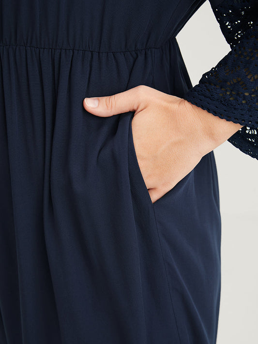 Solid Bell Sleeve Pocket Tie Contrast Lace Wrap Jumpsuit