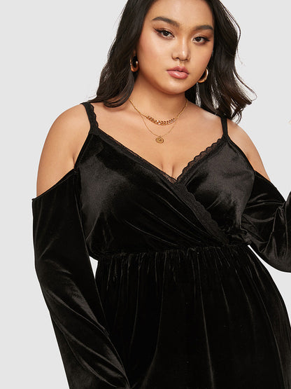 Velvet Cut Out Lace Trim Split Dress