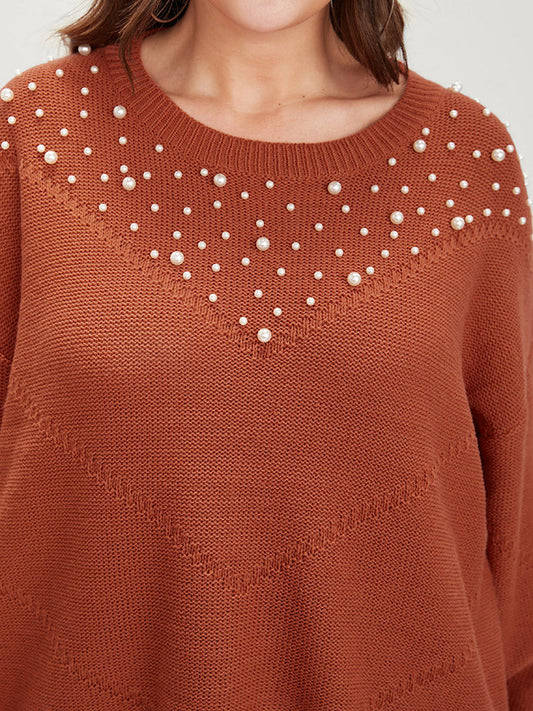Solid Pointelle Knit Pearls Beaded Knit Top