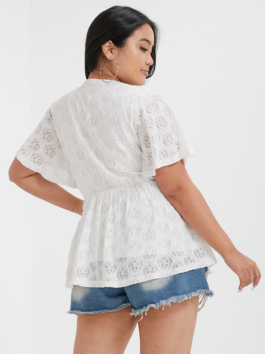 Solid V Neck Ruffles Floral Lace Blouse