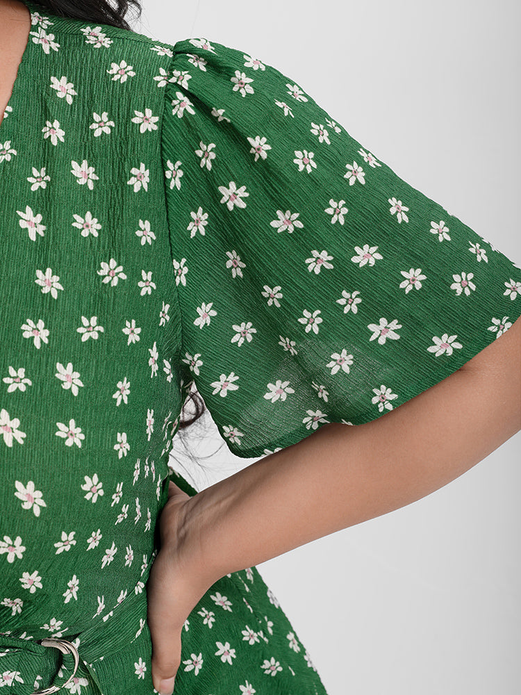 Ditsy Floral Ruffled Asymmetrical Ties V Neck Blouse