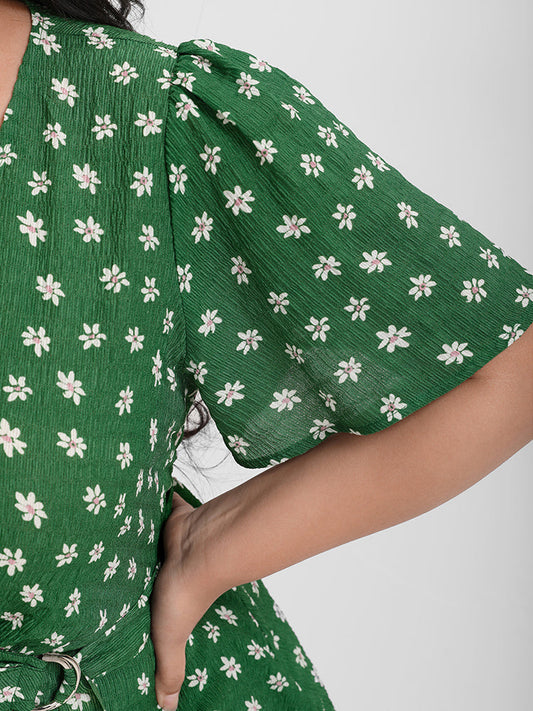 Ditsy Floral Ruffled Asymmetrical Ties V Neck Blouse