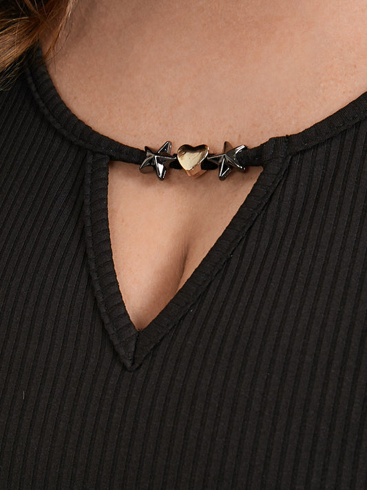 Plain Frill Trim Cut Out V Neck T-shirt