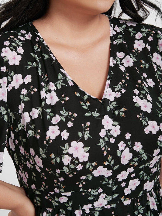 Floral Ruffles Wrap V Neck Jumpsuit