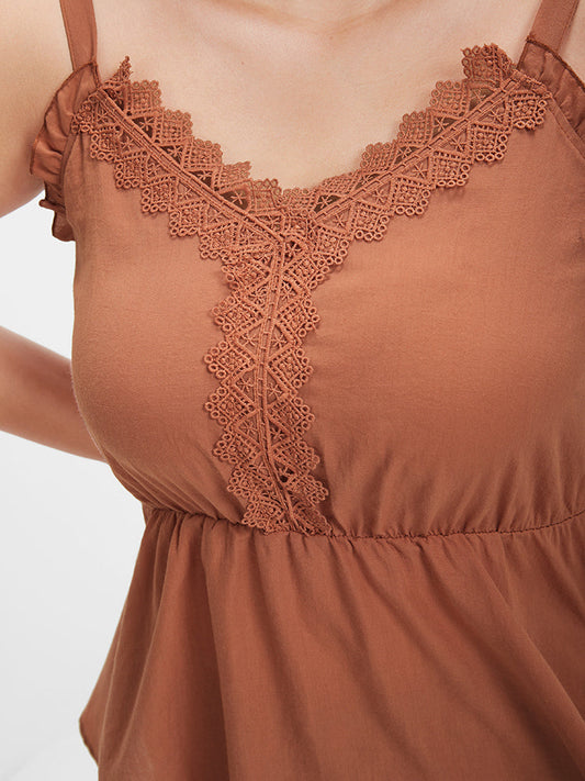 Solid Ruffled Contrast Lace Cami Top