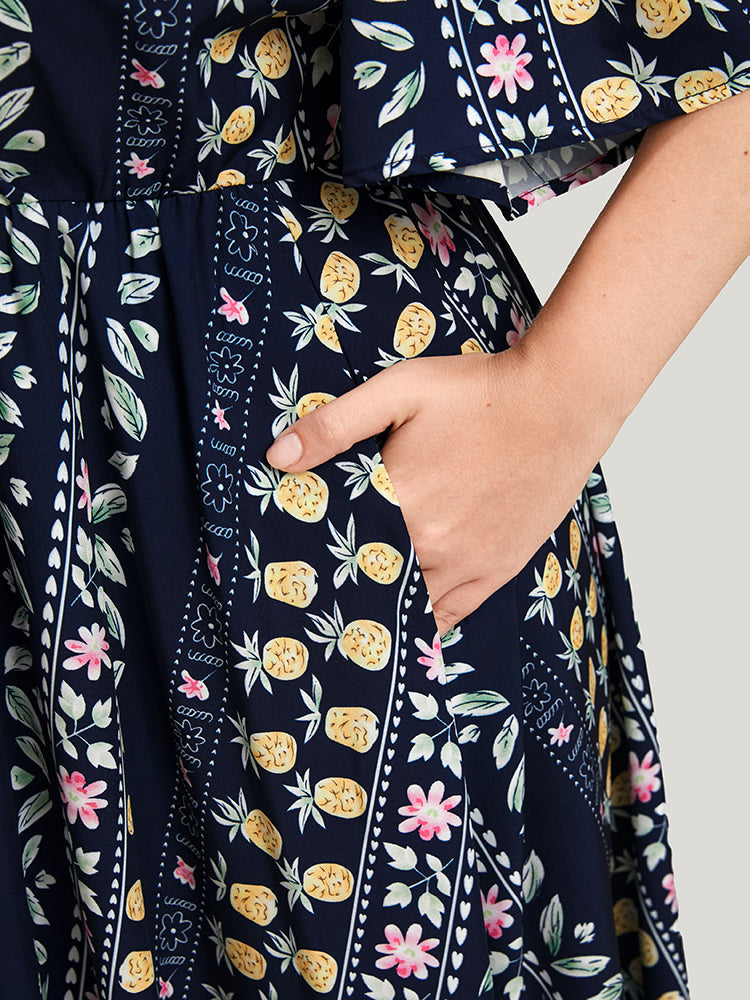 Floral Striped Ruffles Split Pocket Wrap Maxi Dress