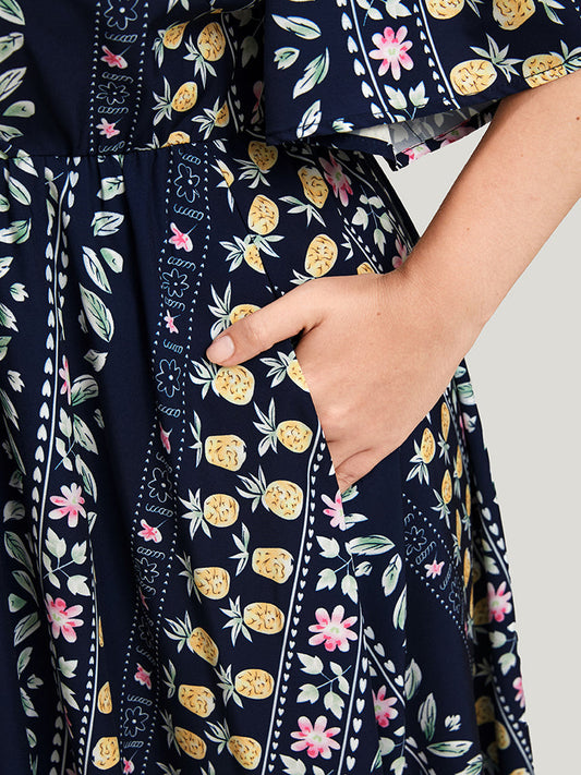 Floral Striped Ruffles Split Pocket Wrap Maxi Dress