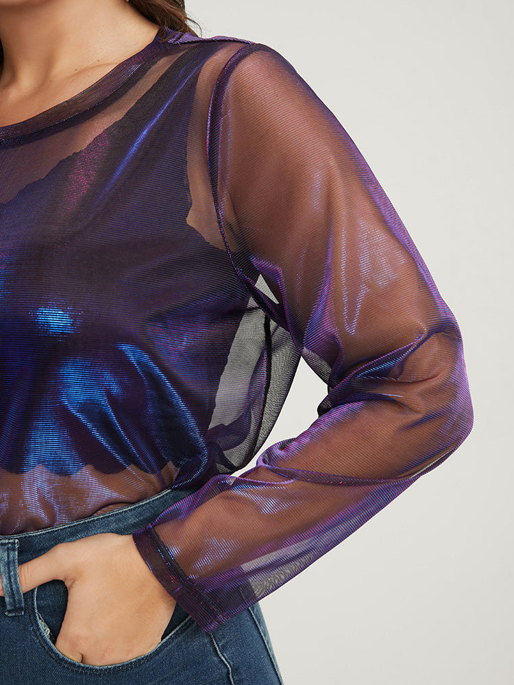 Solid Crew Neck Reflective Mesh Sheer T-shirt