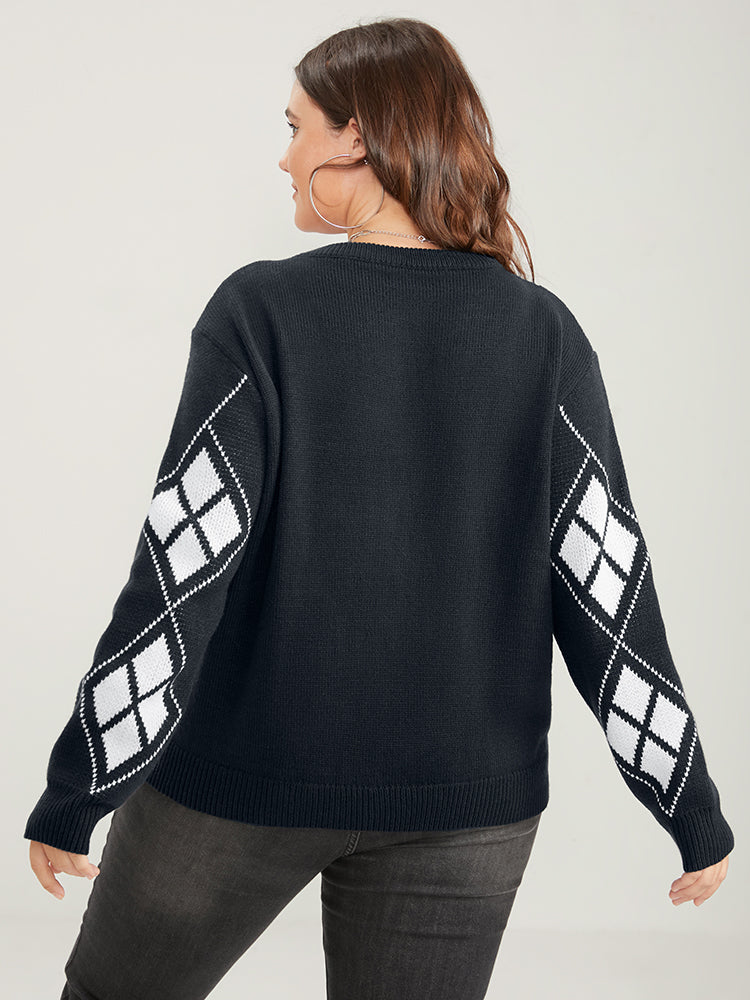 Geometric Contrast Pointelle Knit Round Neck Knit Top