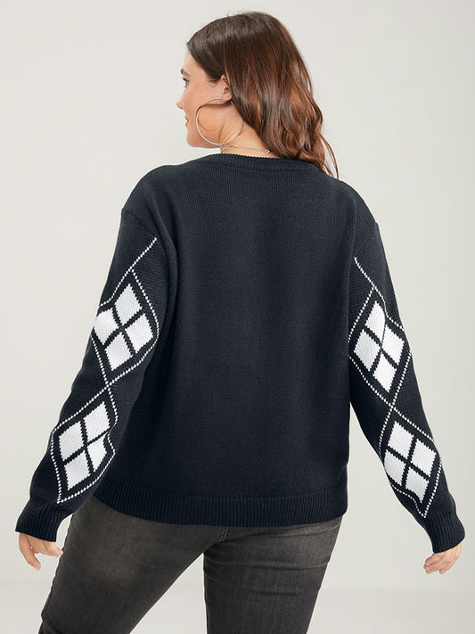 Geometric Contrast Pointelle Knit Round Neck Knit Top