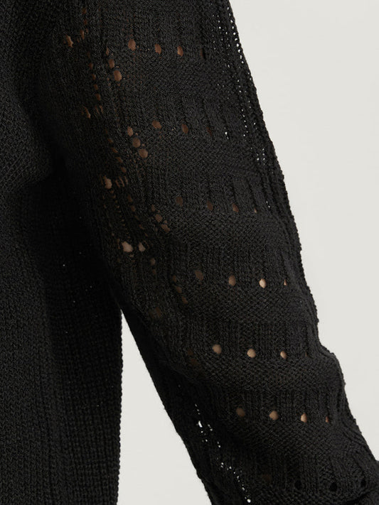 Solid Pointelle Knit Crochet Sleeve Knit Top