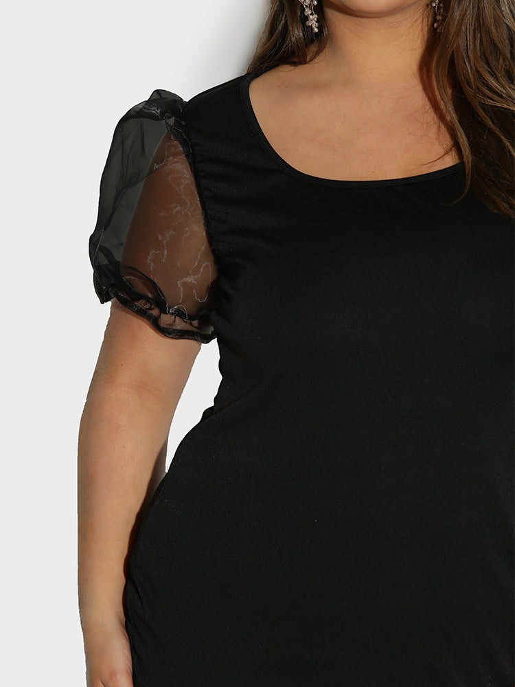 Mesh Puff Sleeve Split Hem Dress