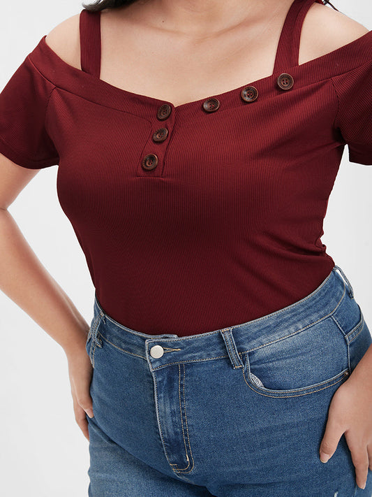 Solid Button Cold Shoulder  T-shirt