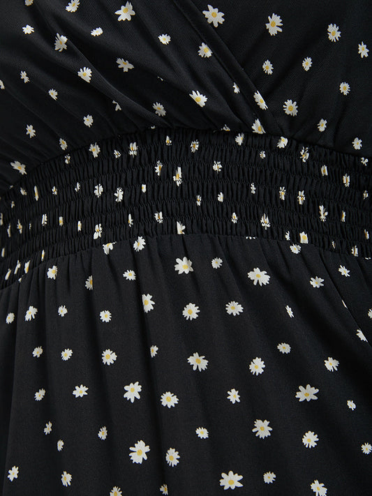 Bloom Dress - Daisy Print Flutter Hem Shirred Wrap Knee Dress