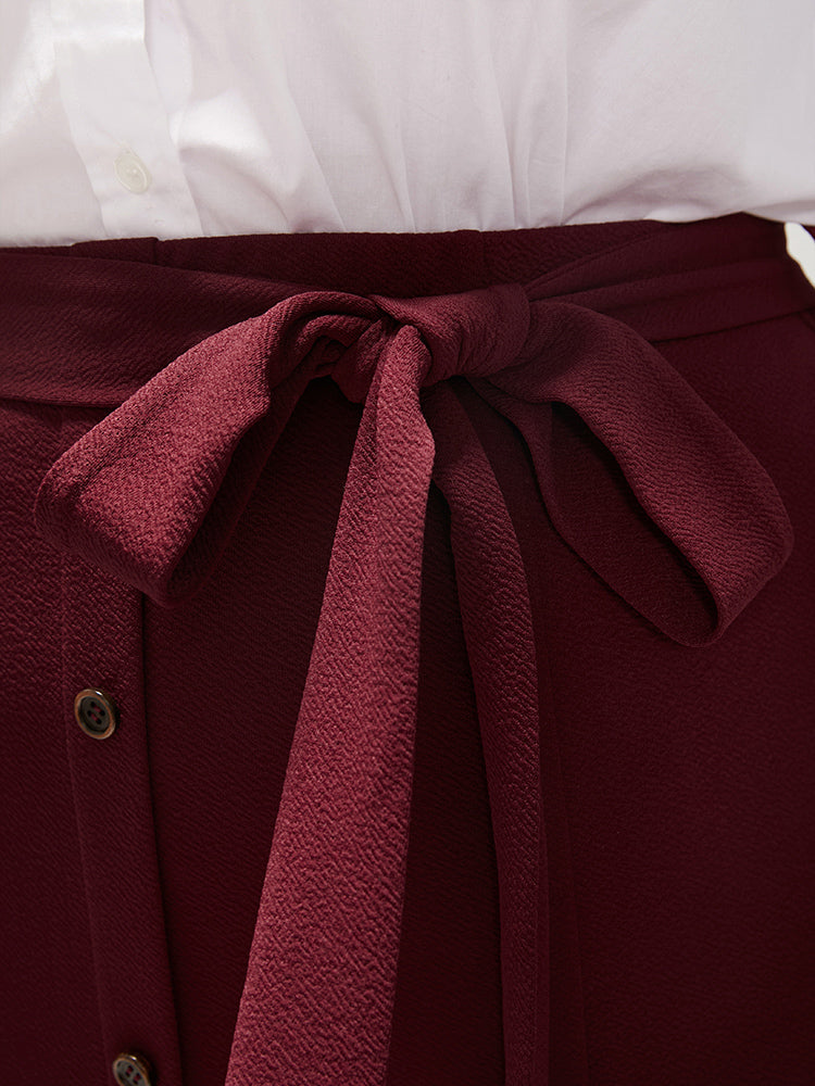 Solid Belted Button Detail Ruffles Hem Skirt