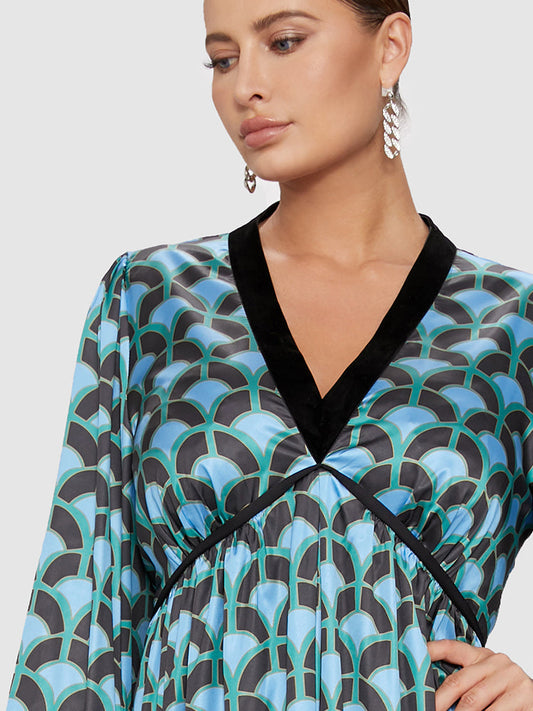 Lantern Sleeve Ruched Color Block Dress