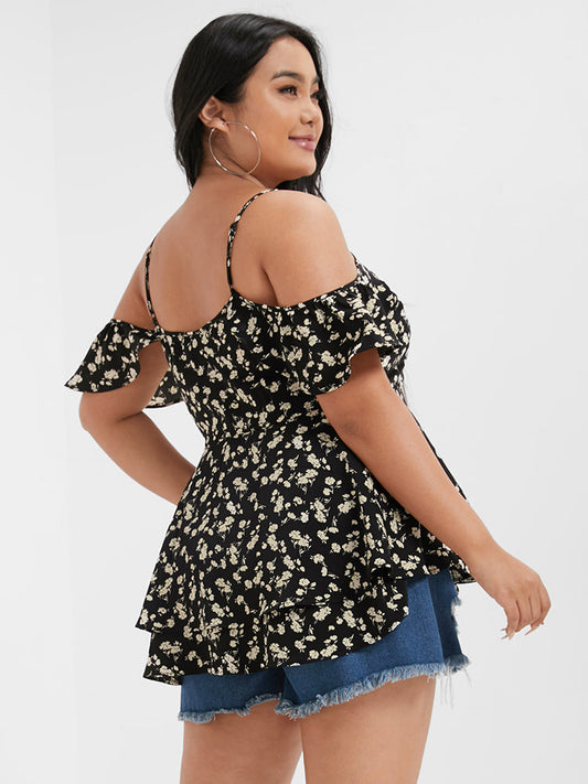 Floral Ruffles Cold Shoulder Babydoll Blouse